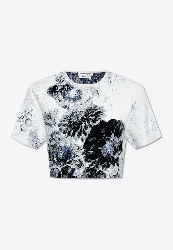 Alexander McQueen Chiaroscuro Floral Jacquard Cropped T-shirt White 780505 Q1A80-9137
