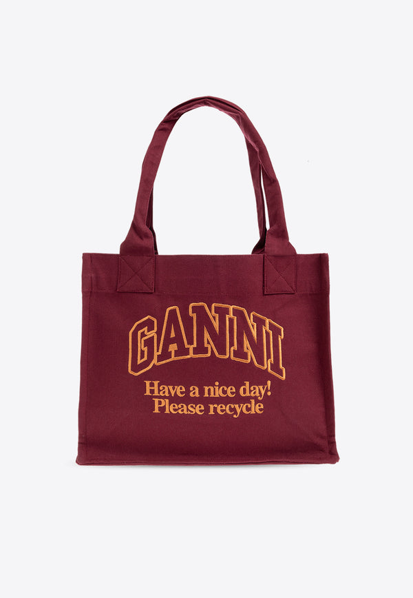 GANNI Large Logo Embroidered Tote Bag Burgundy A5576 5903-450