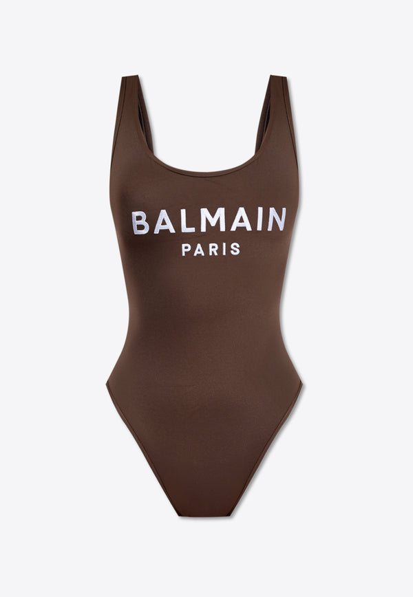 Balmain Logo Embroidered One-Piece Swimsuit Brown BKBG71780 0-213