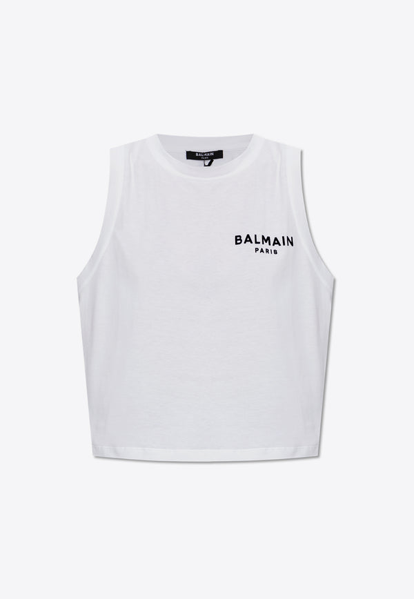 Balmain Flocked Logo Sleeveless Cropped T-shirt White CF1EA025 BB01-GAB