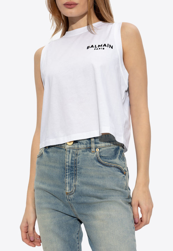 Balmain Flocked Logo Sleeveless Cropped T-shirt White CF1EA025 BB01-GAB