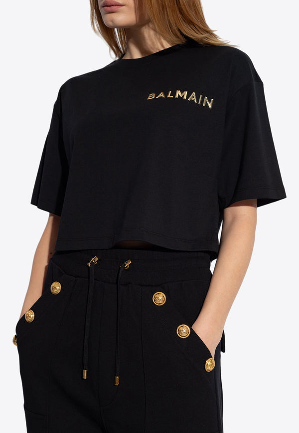 Balmain Logo Print Oversized Cropped T-shirt Black CF1EE020 BC61-EAD