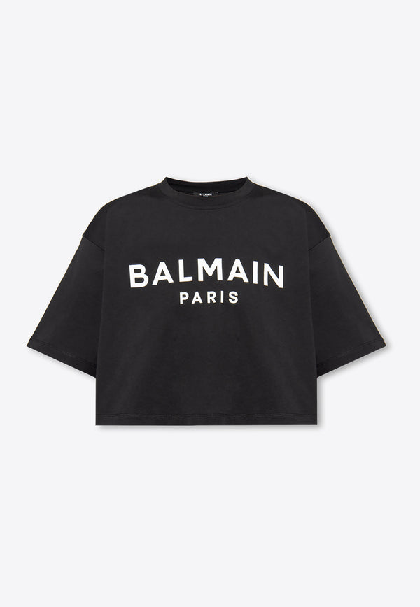 Balmain Logo Print Oversized Cropped T-shirt Black BF1EE020 BB02-EAB