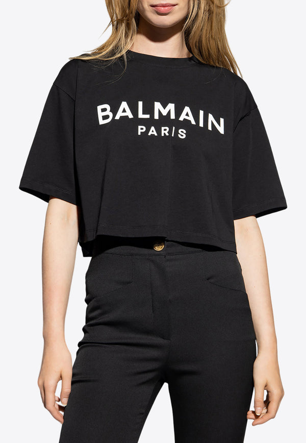 Balmain Logo Print Oversized Cropped T-shirt Black BF1EE020 BB02-EAB