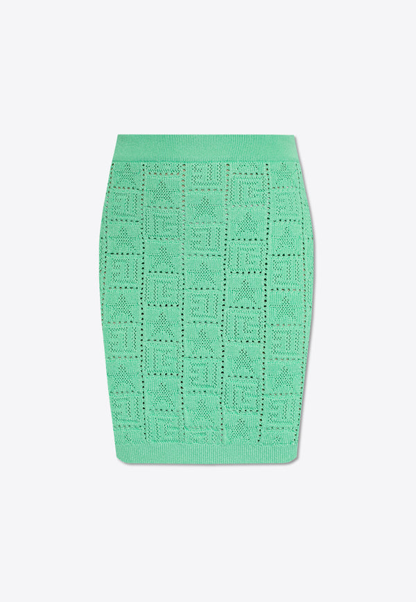 Balmain Pointelle Knit Monogram Mini Skirt Green CF1LB004 KF97-7DF