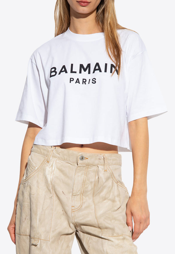 Balmain Logo Print Cropped T-shirt White BF1EE020 BB02-GAB