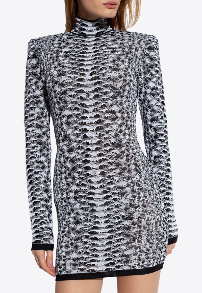 Balmain Snakeskin Textured Knit High-Neck Mini Dress Gray CF1R8239 KF49-EAB