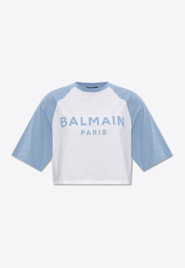 Balmain Logo Print Cropped T-shirt Blue CF1EE090 BB02-GRW