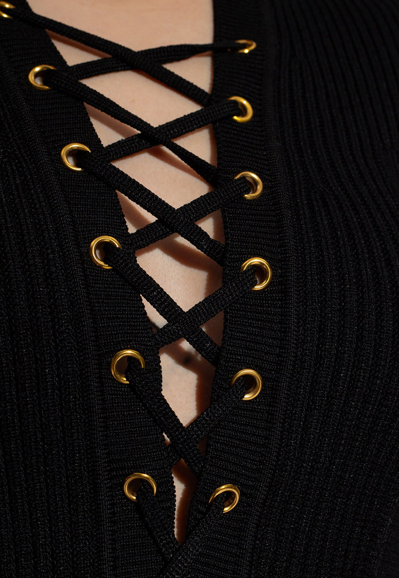 Balmain V-neck Ribbed Mini Dress Black CF1R6031 KF24-0PA