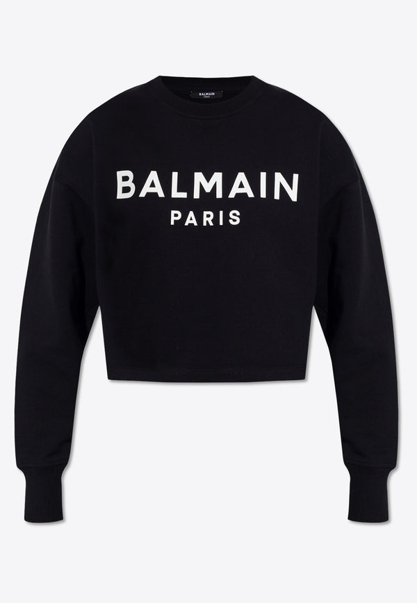 Balmain Logo Print Cropped Sweatshirt Black CF1JO065 BB02-EAB