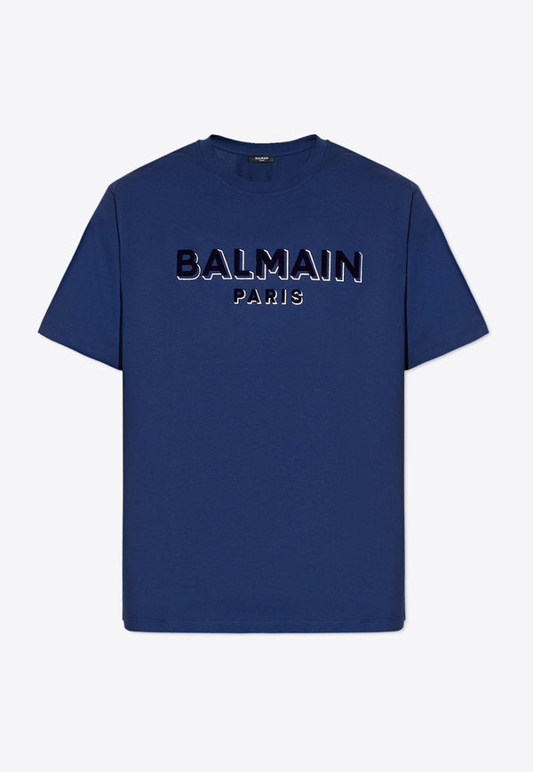 Balmain Velvet Flocked Logo T-shirt Blue CH1EG010 BB99-SLK