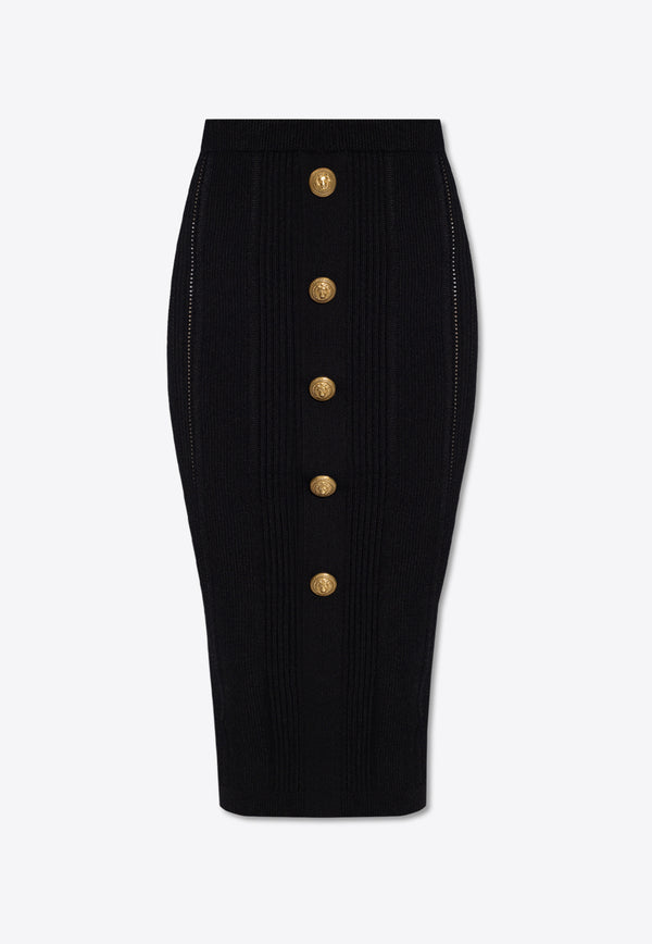 Balmain Ribbed Knit Midi Pencil Skirt Black CF1LD043 KF24-0PA