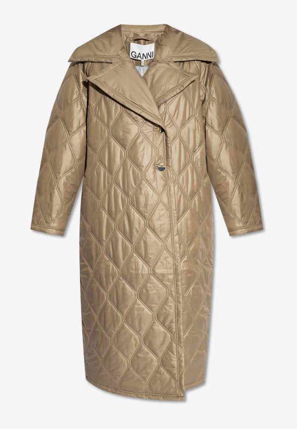 GANNI Diamond-Quilted Buttoned Long Coat F8577 6632-019
