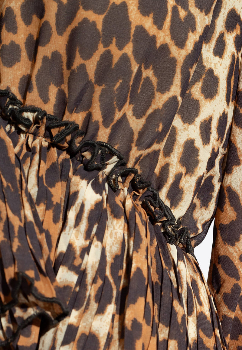 GANNI Leopard Print V-neck Pleated Blouse F8694 6491-859