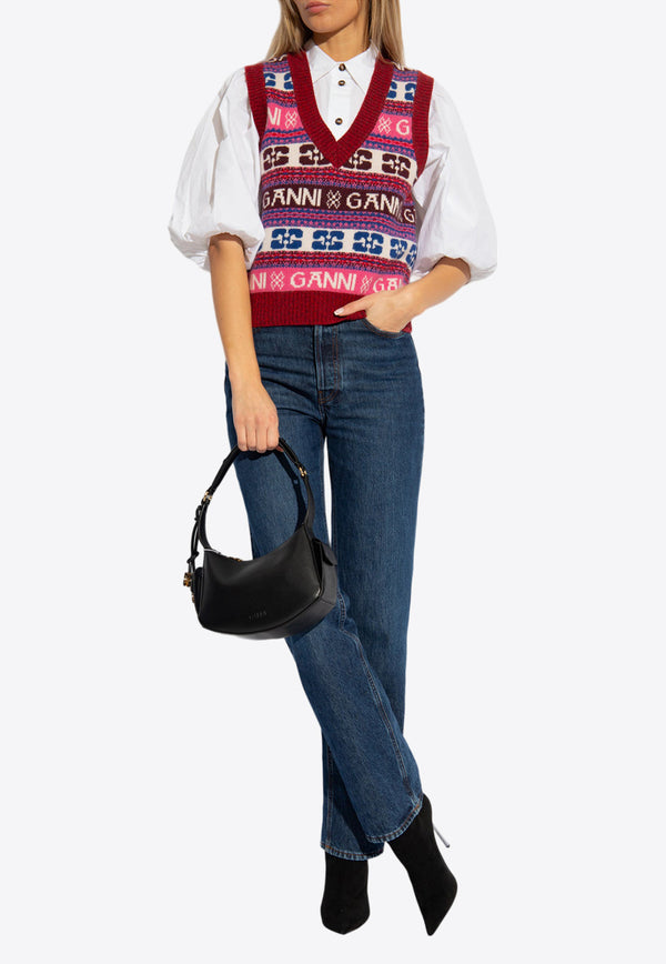 GANNI V-neck Wool-Blend Patterned Sweater Vest K2121 2616-999