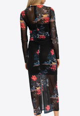 GANNI Printed Mesh Ruched Midi Dress T3737 3598-099