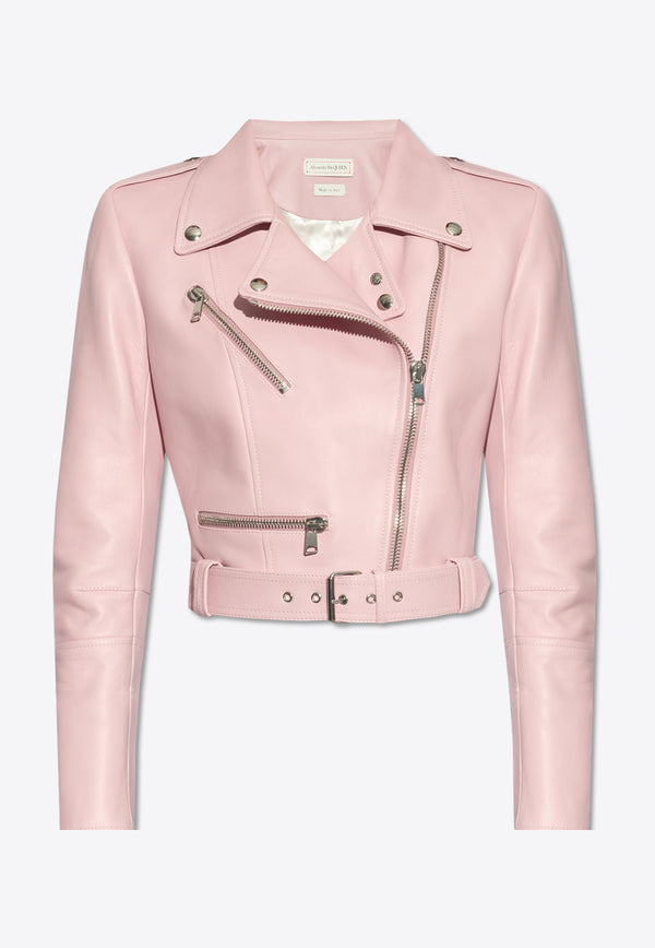 Alexander McQueen Cropped Leather Biker Jacket Pink 668451 Q5AK8-6048