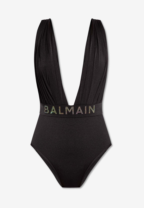 Balmain Deep V-neck Draped One-Piece Swimsuit Black BKBU71790 0-001