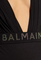 Balmain Deep V-neck Draped One-Piece Swimsuit Black BKBU71790 0-001