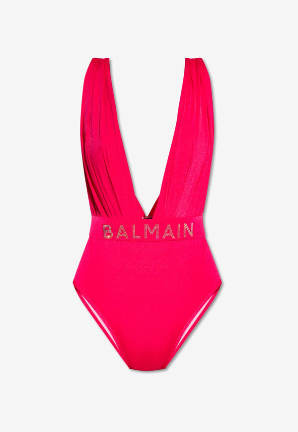 Balmain Deep V-neck Draped One-Piece Swimsuit Pink BKBU71790 0-532