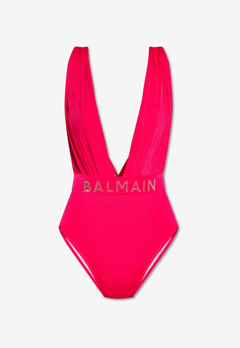 Balmain Deep V-neck Draped One-Piece Swimsuit Pink BKBU71790 0-532