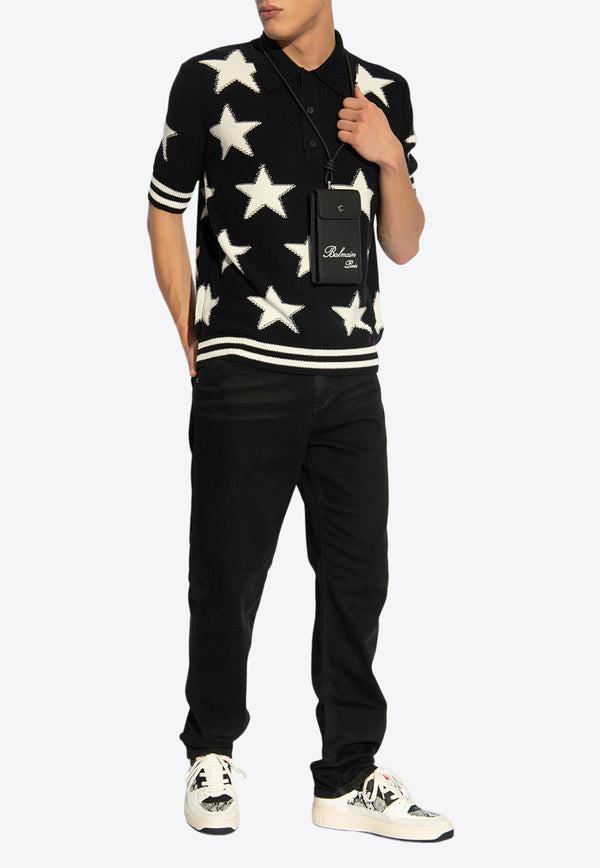 Balmain Stars Intarsia Knit Polo T-shirt Black CH1GB045 KF92-EER