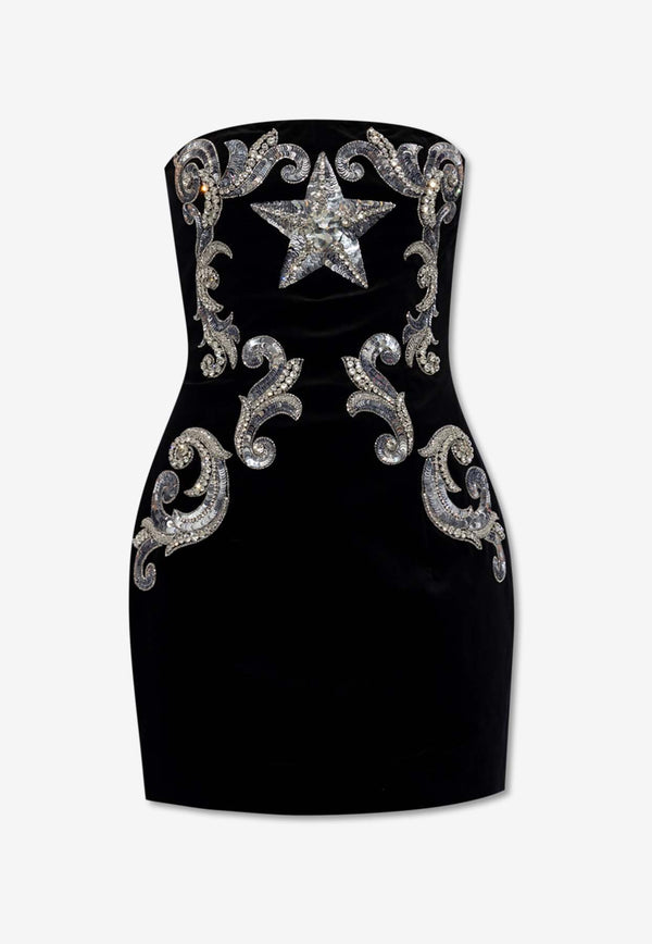 Balmain Paisley Embroidered Strapless Dress Black CF1R1008 PC21-EHV