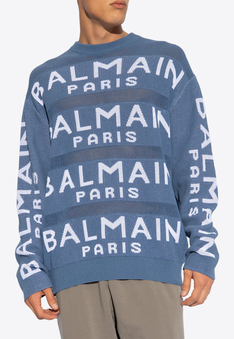 Balmain Intarsia Knit-Logo Sweater Blue CH1KE010 KE07-SLJ