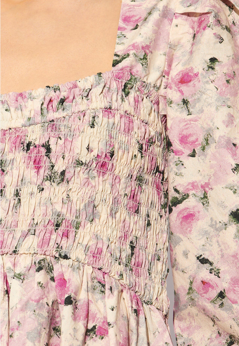 GANNI Floral Print Smocked Midi Dress Multicolor F8711 6488-787