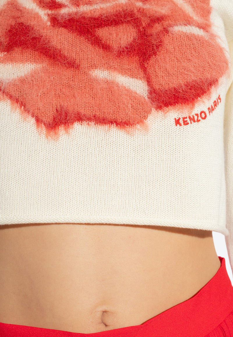 Kenzo Rose Print Long-Sleeved Cropped Sweater Cream FE52PU469 3BM-02