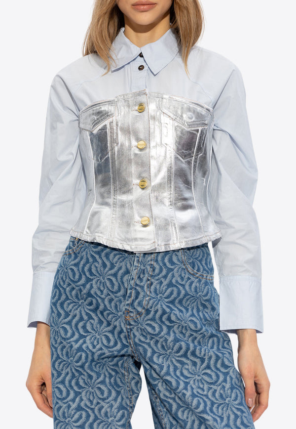 GANNI Foil Denim Corsage Top Silver J1379 6650-151