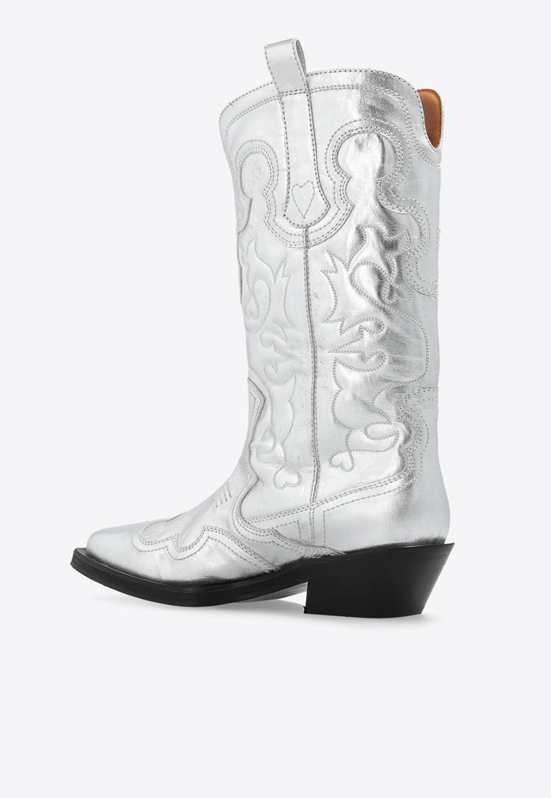 GANNI Mid-Calf Embroidered Cowboy Boots Silver S2427 4911-018