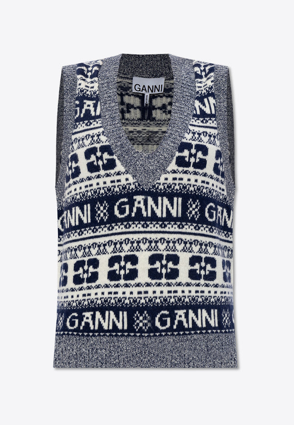 GANNI Patterned Wool Sweater Vest Navy K2092 2616-683