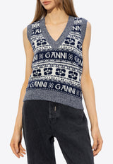 GANNI Patterned Wool Sweater Vest Navy K2092 2616-683