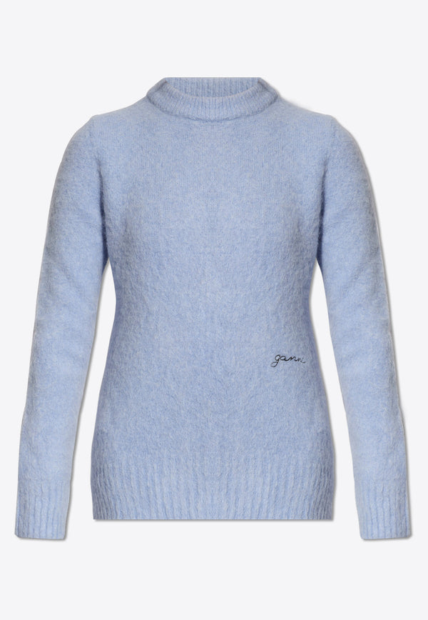 GANNI Logo Embroidered Alpaca Blend Sweater Blue K2125 2592-033