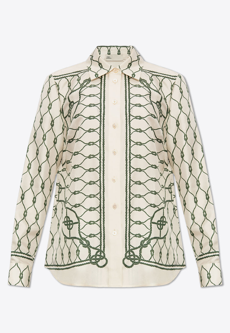 Tory Burch Long-Sleeved Printed Silk Shirt Cream 157427 0-300