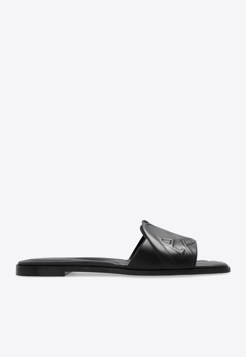Alexander McQueen Logo Embossed Leather Flat Sandals Black 780714 WIEAD-1000