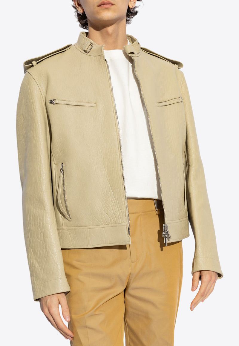 Burberry Zip-Up Leather Jacket Beige 8087512 A1450-STONE