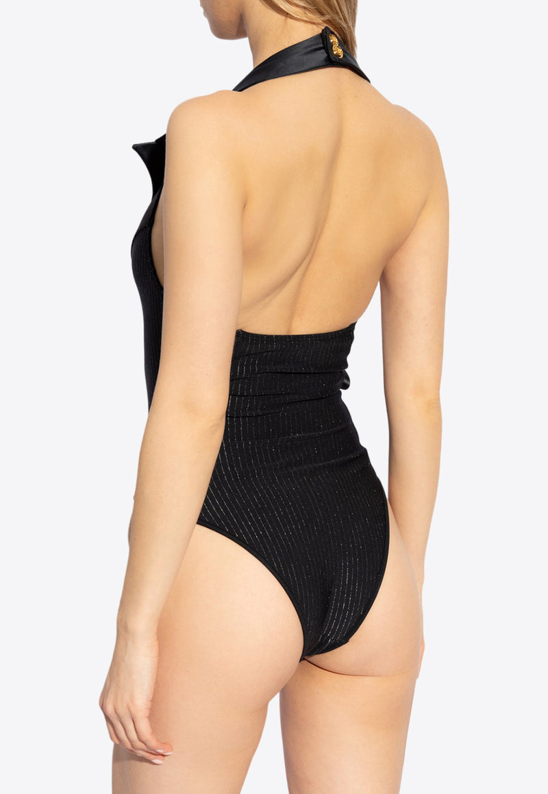 Balmain Pinstripe Lurex One-Piece Swimsuit Black BKBPQ1730 0-001