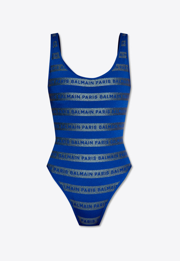 Balmain Logo Stripes One-Piece Swimsuit Blue BKBU91700 0-420