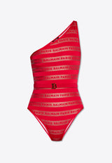 Balmain Logo Stripes One-Shoulder One-Piece Swimsuit Red BKBKM1700 0-600