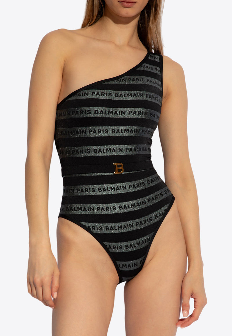 Balmain Logo Stripes One-Shoulder One-Piece Swimsuit Black BKBKM1700 0-001