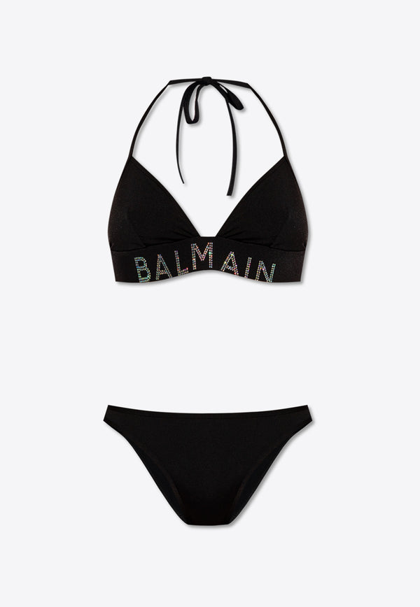Balmain Studded Logo Halterneck Bikini Black BKB801790 0-001