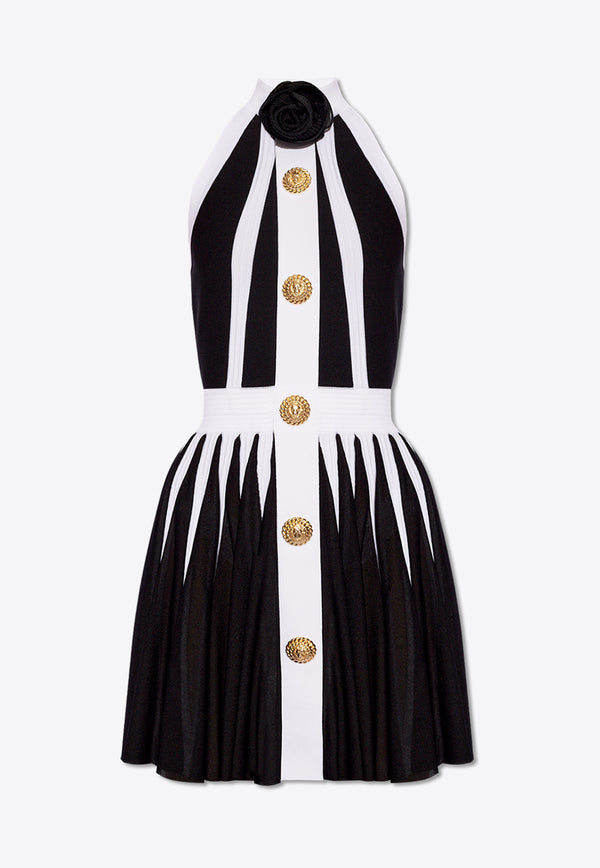 Balmain Floral Appliqué Ribbed Knit Mini Dress Black CF0R3230 KG09-EAB