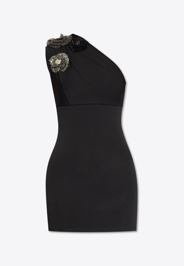 Balmain Crystal Embellished One-Shoulder Mini Dress Black CF0R5605 33JI-0PA