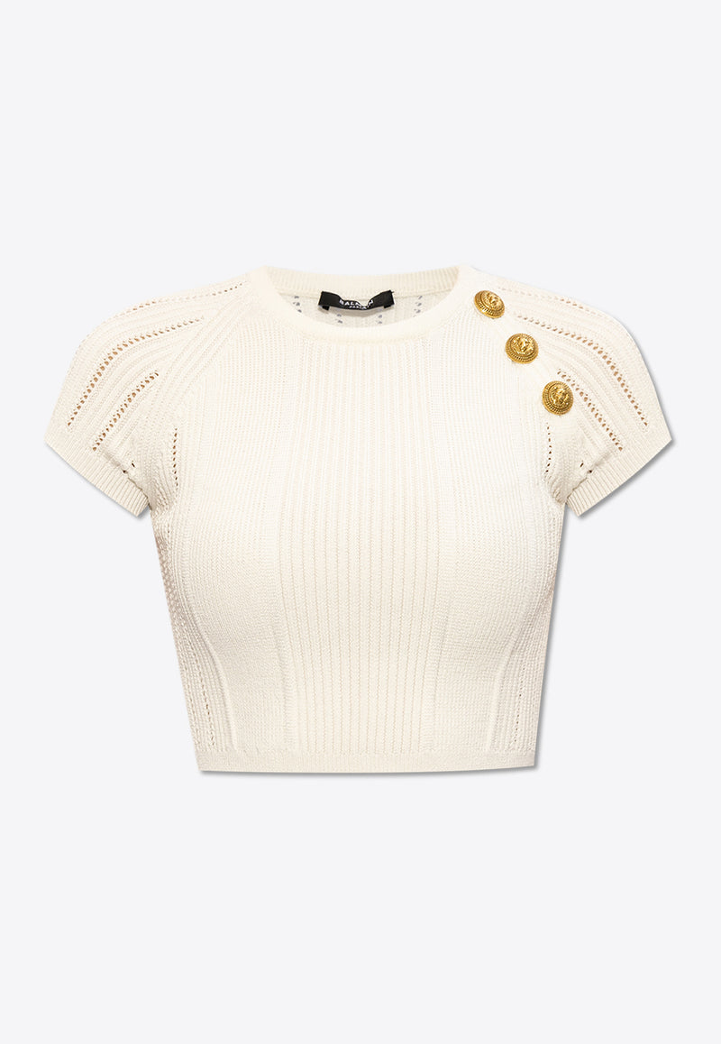 Balmain Three-Button Knitted Cropped Top White CF1AI077 KF24-0FA