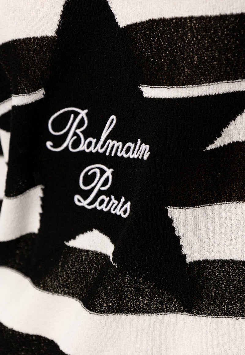 Balmain Striped Logo-Embroidered Sweater Monochrome CF1KJ030 KF58-EAB