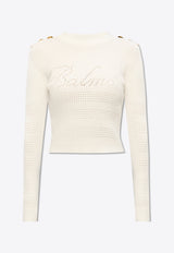 Balmain Perforated Logo Ribbed Sweater White CF1KA003 KF24-0FA