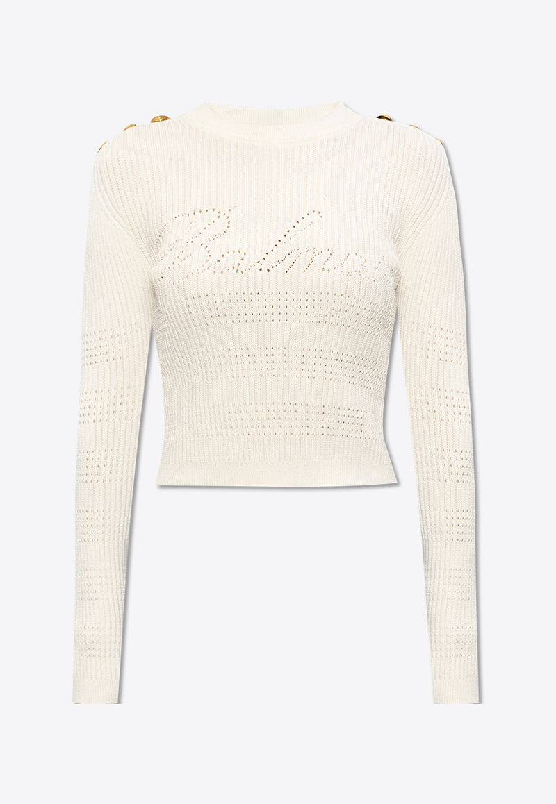 Balmain Perforated Logo Ribbed Sweater White CF1KA003 KF24-0FA