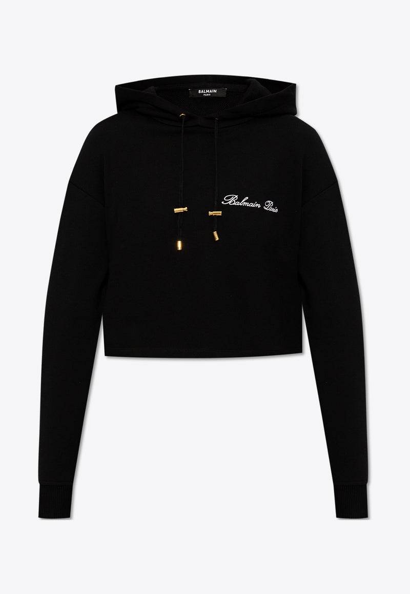 Balmain Logo-Embroidered Cropped Hooded Sweatshirt Black CF1JP040 BC68-EAB